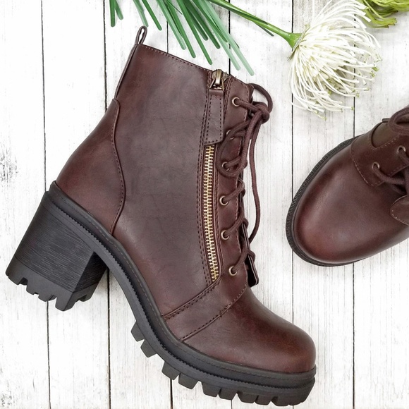 Shoes - New Brown Combat Lace Up Lug Ankle Boots Booties